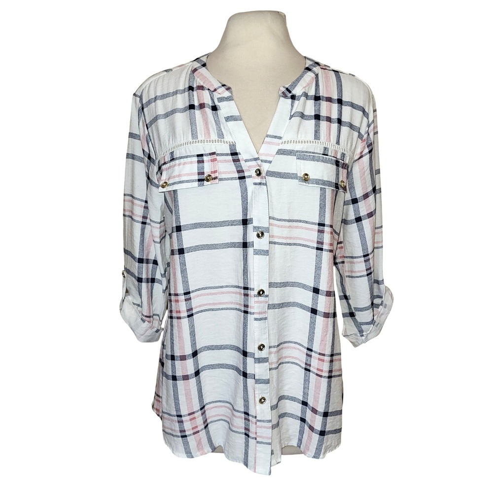 Anthropologie Ember White Navy Pink Plaid 3/4 Roll Tab Sleeve Boyfriend Shirt L